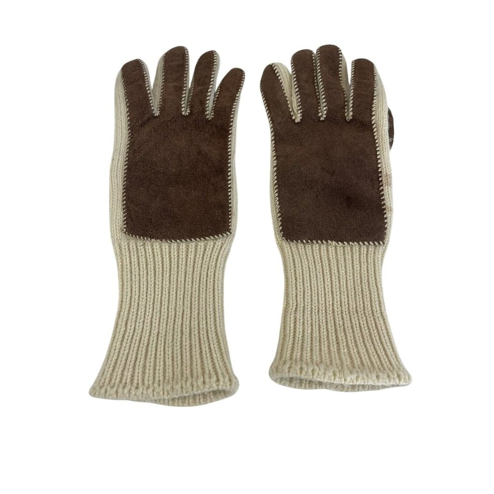 Vintage Suede And Knit Gloves Mittens Beige Cream Brown